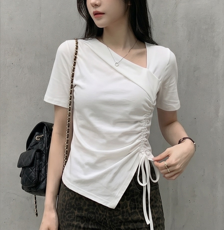 シャーリングドローストリングスリムアンバランス半袖無地Tシャツ | 詳細画像4