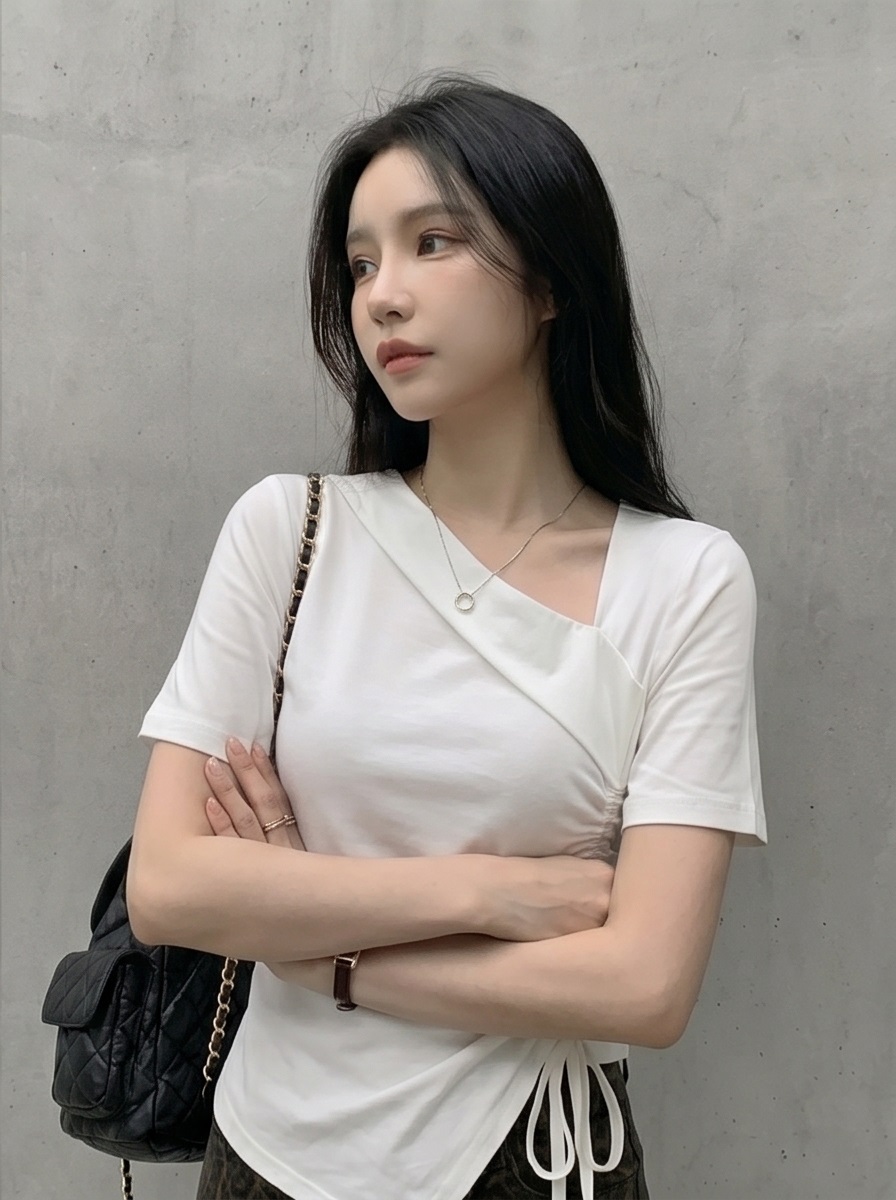 シャーリングドローストリングスリムアンバランス半袖無地Tシャツ | 詳細画像9