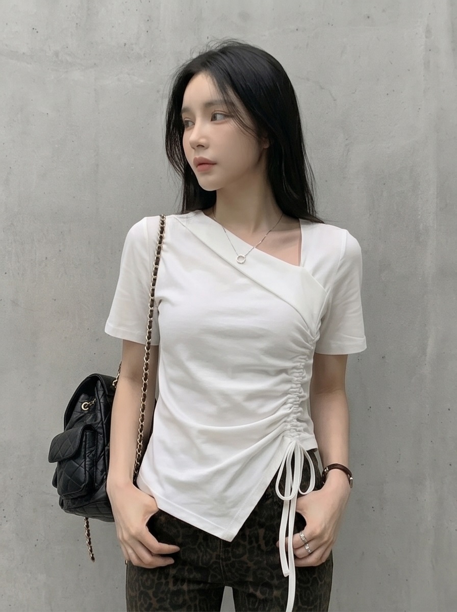 シャーリングドローストリングスリムアンバランス半袖無地Tシャツ | 詳細画像11