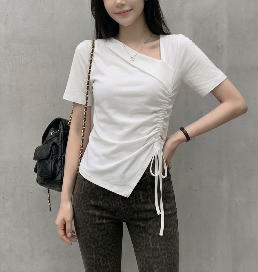 シャーリングドローストリングスリムアンバランス半袖無地Tシャツ | 詳細画像12