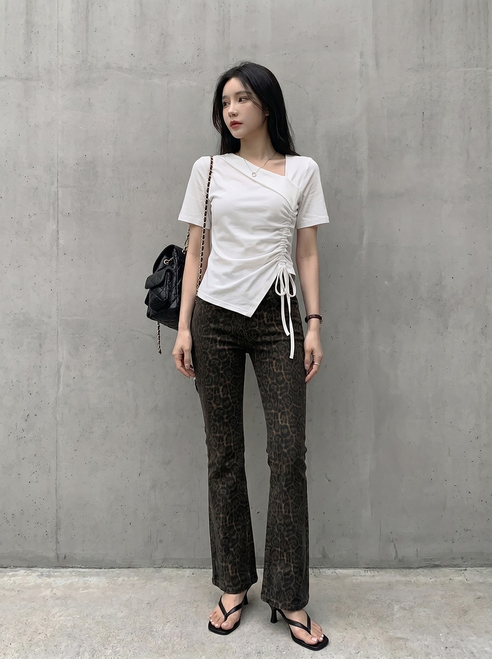 シャーリングドローストリングスリムアンバランス半袖無地Tシャツ | 詳細画像13