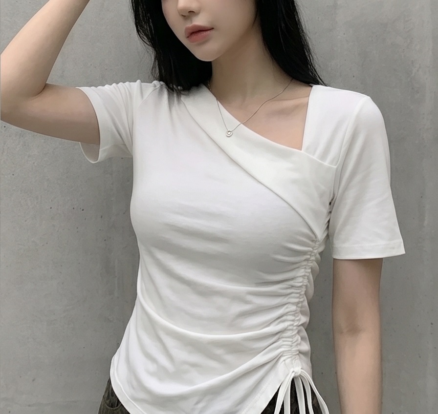 シャーリングドローストリングスリムアンバランス半袖無地Tシャツ | 詳細画像14