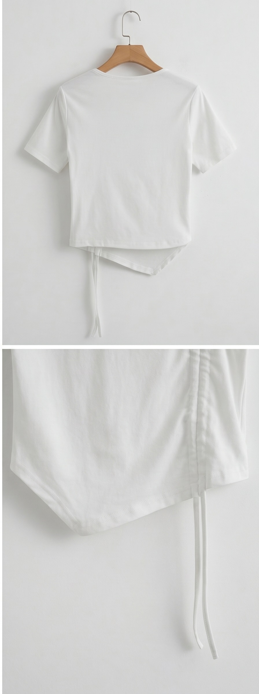 シャーリングドローストリングスリムアンバランス半袖無地Tシャツ | 詳細画像16