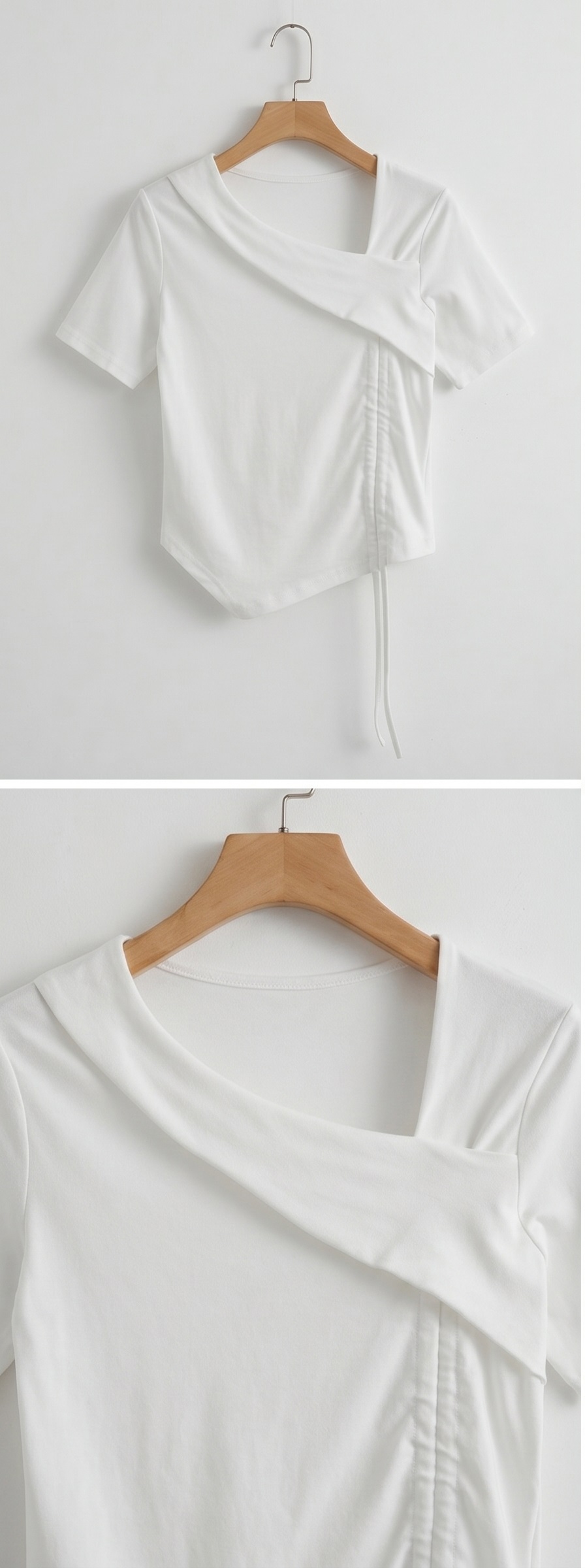 シャーリングドローストリングスリムアンバランス半袖無地Tシャツ | 詳細画像17