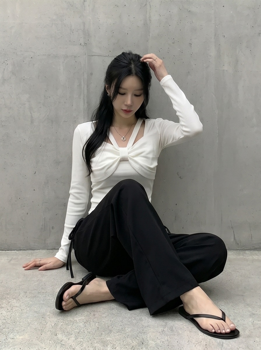 リブスクエアネックベーシックカットスリム長袖Tシャツ | 詳細画像4