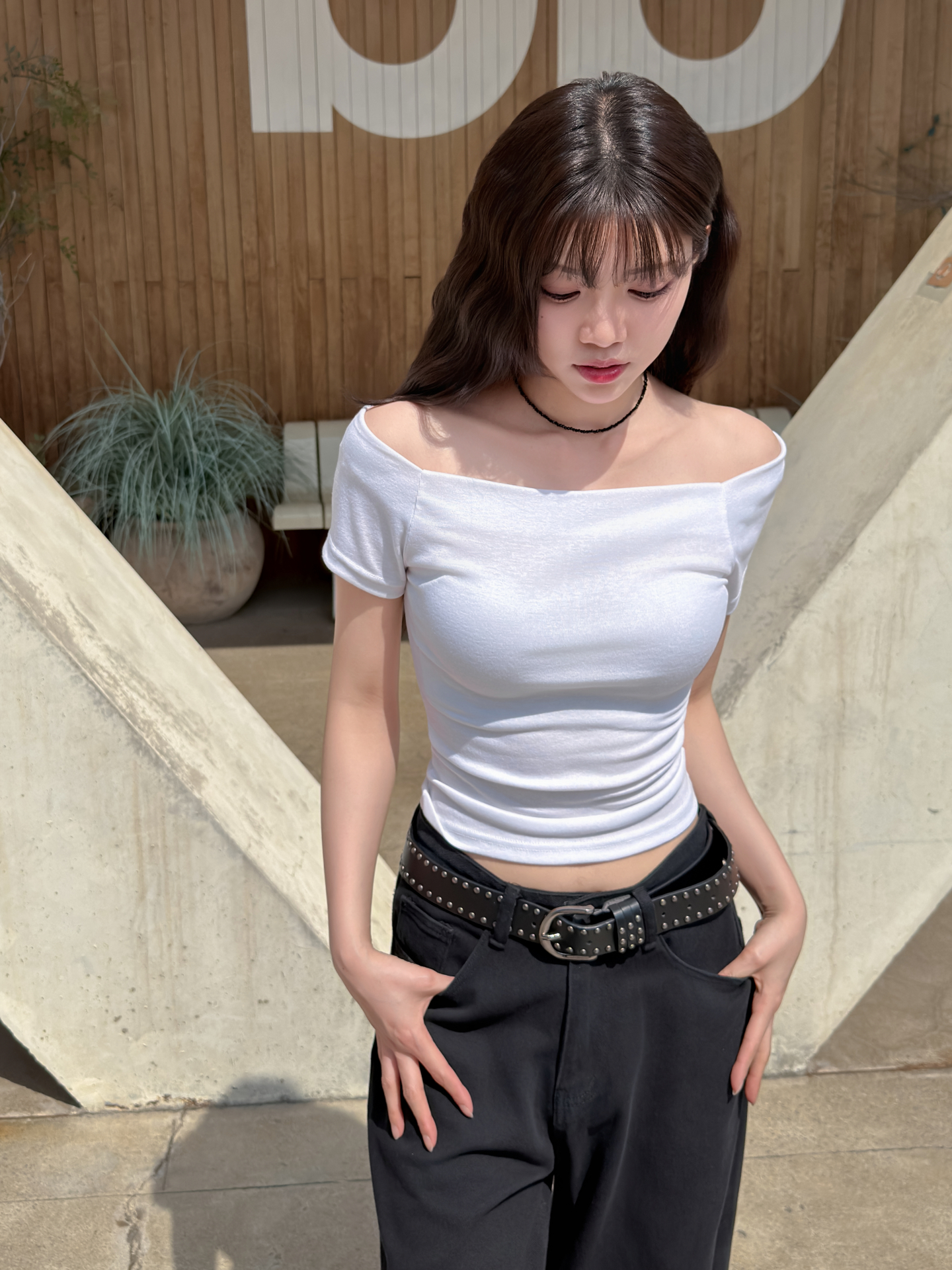 オフショルダーベーシックスリムギャザーTシャツ | 詳細画像5