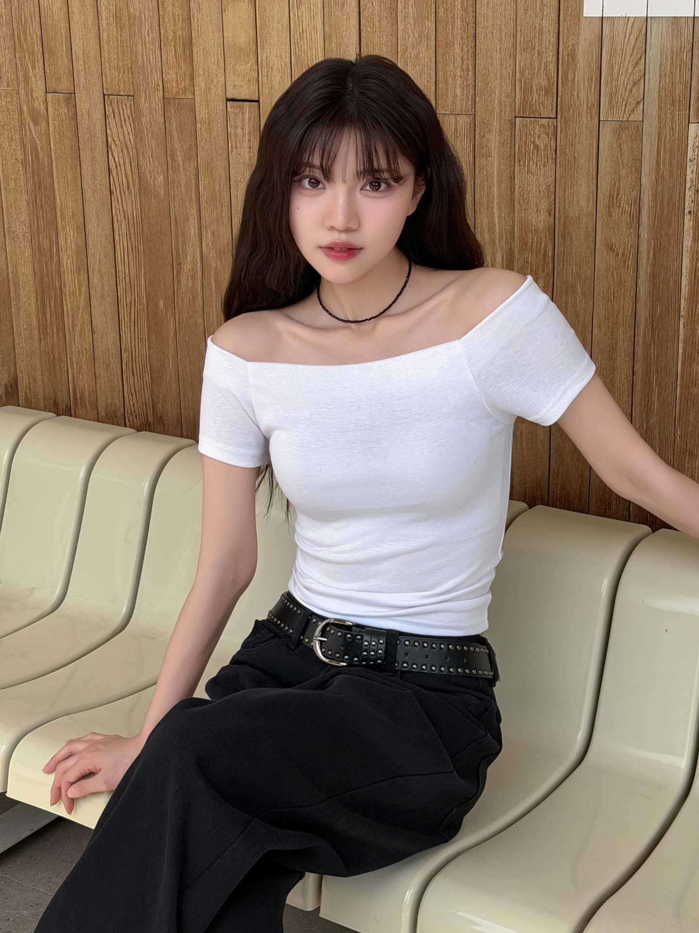 オフショルダーベーシックスリムギャザーTシャツ | 詳細画像7