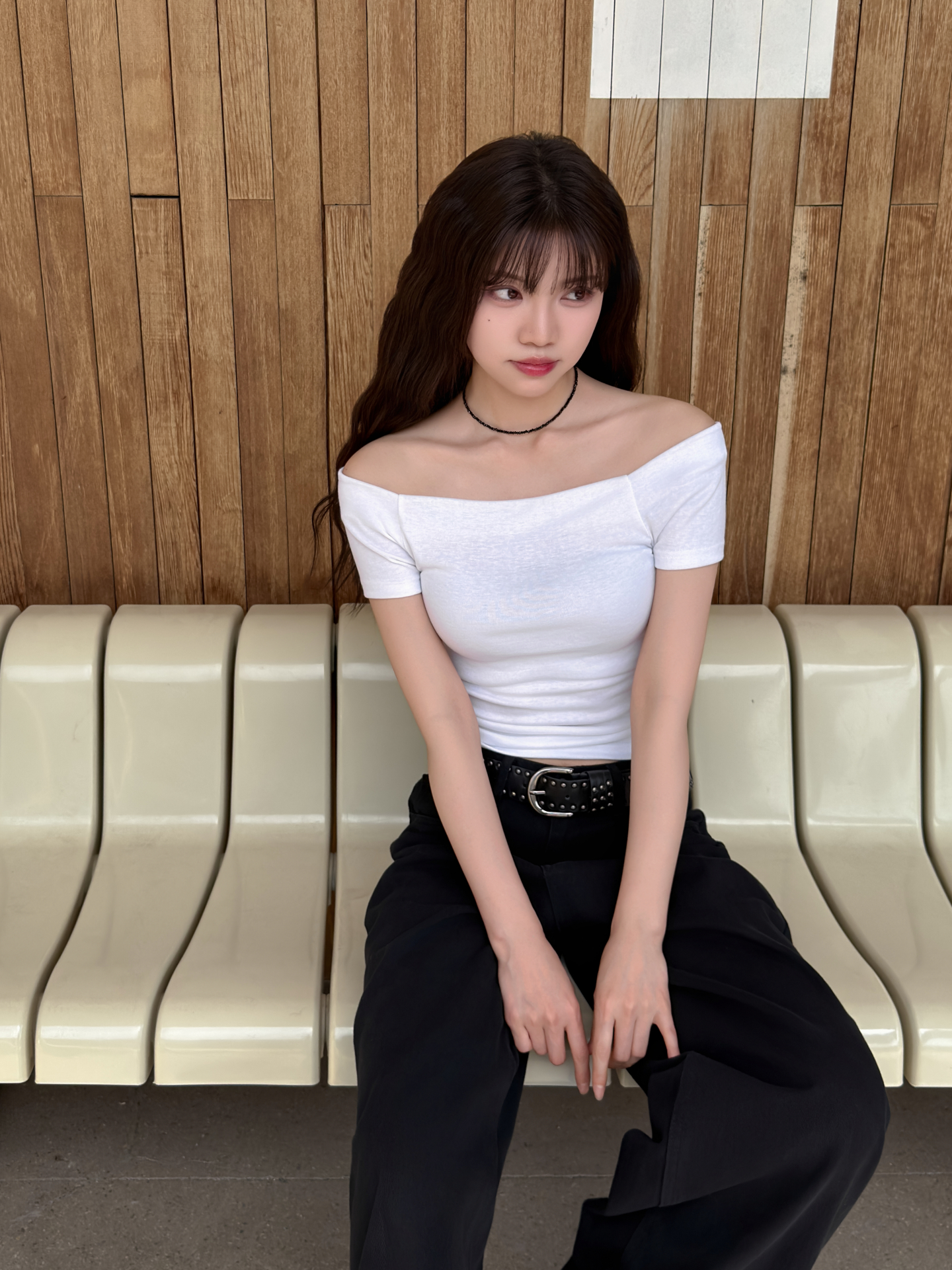 オフショルダーベーシックスリムギャザーTシャツ | 詳細画像9