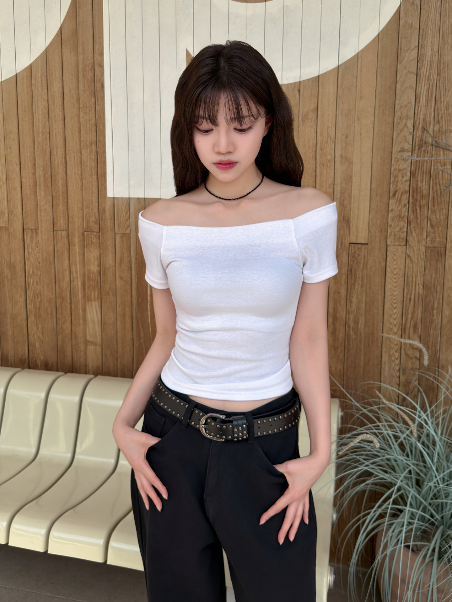 オフショルダーベーシックスリムギャザーTシャツ | 詳細画像4