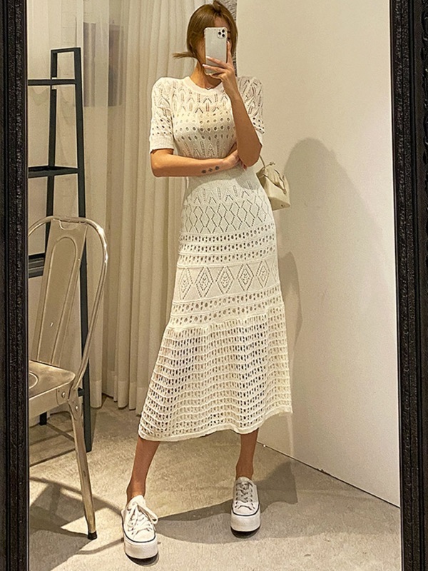 ニットラウンドネックパンチングスリムロング半袖ワンピーススリップ付 | 詳細画像2