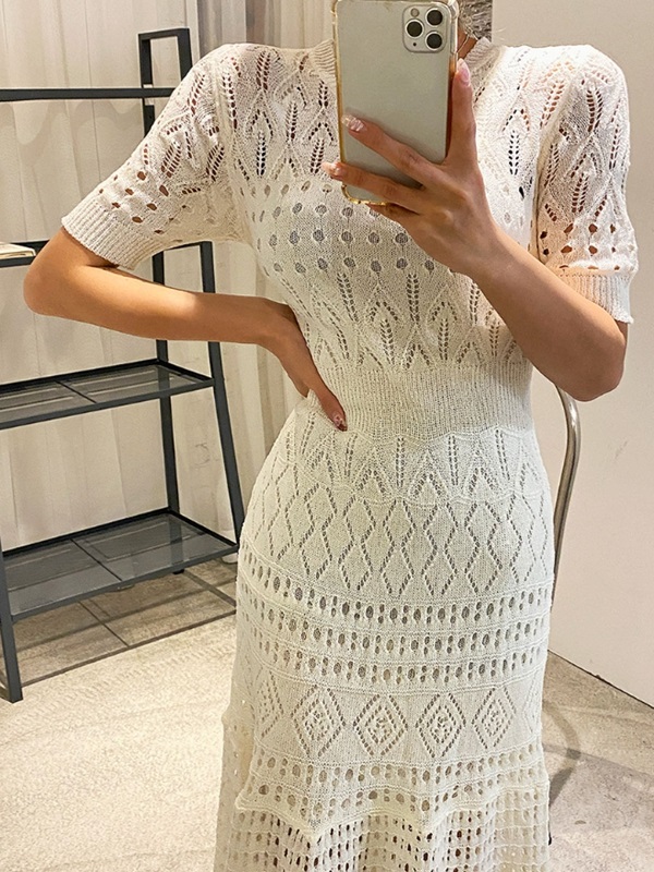 ニットラウンドネックパンチングスリムロング半袖ワンピーススリップ付 | 詳細画像5