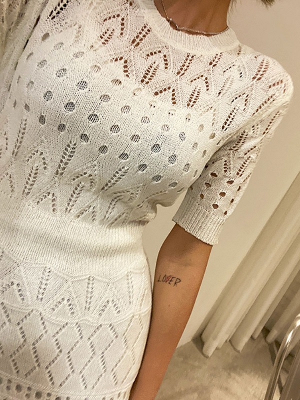 ニットラウンドネックパンチングスリムロング半袖ワンピーススリップ付 | 詳細画像6