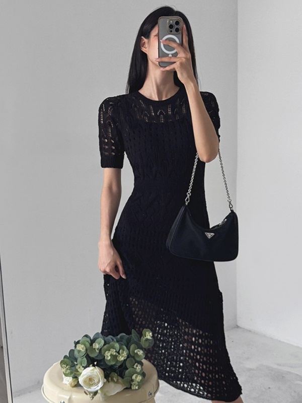 ニットラウンドネックパンチングスリムロング半袖ワンピーススリップ付 | 詳細画像9