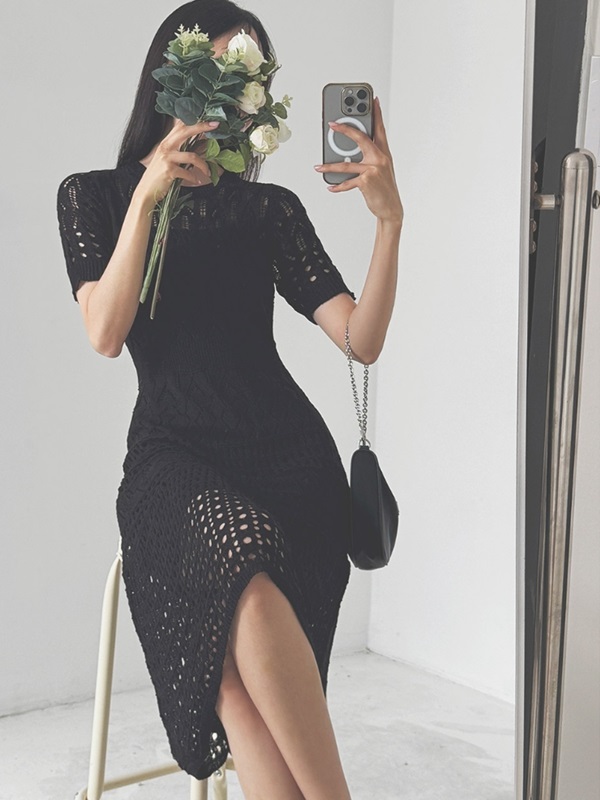 ニットラウンドネックパンチングスリムロング半袖ワンピーススリップ付 | 詳細画像10