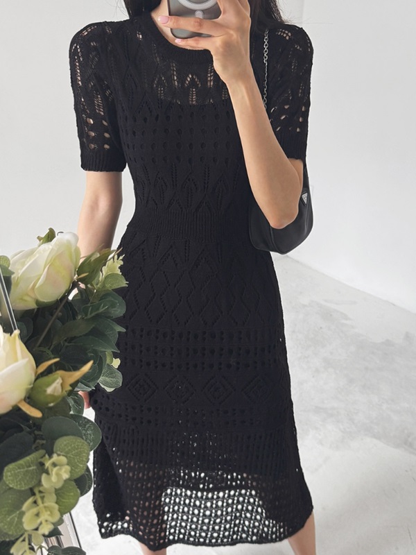 ニットラウンドネックパンチングスリムロング半袖ワンピーススリップ付 | 詳細画像11