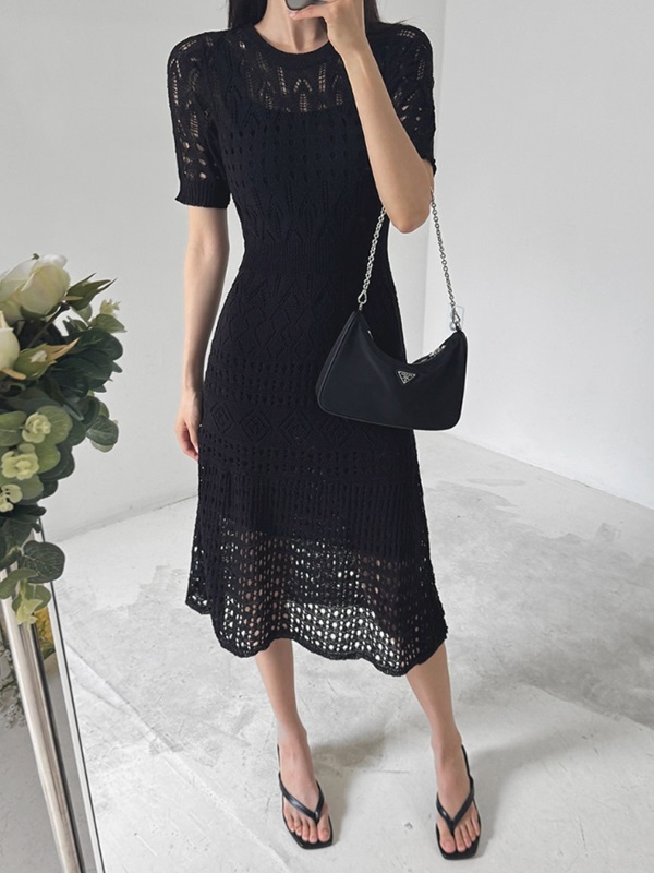 ニットラウンドネックパンチングスリムロング半袖ワンピーススリップ付 | 詳細画像12