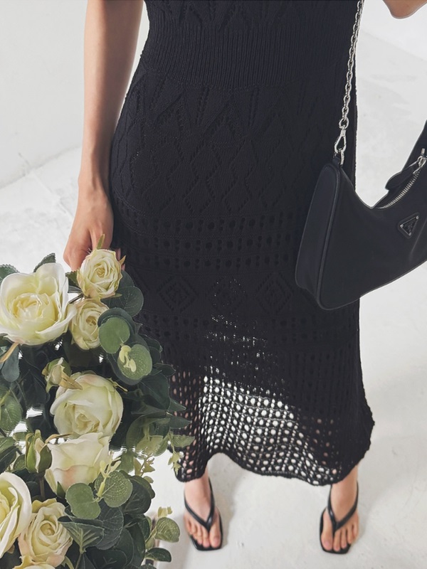 ニットラウンドネックパンチングスリムロング半袖ワンピーススリップ付 | 詳細画像13