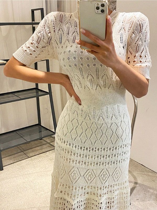 ニットラウンドネックパンチングスリムロング半袖ワンピーススリップ付 | 詳細画像8