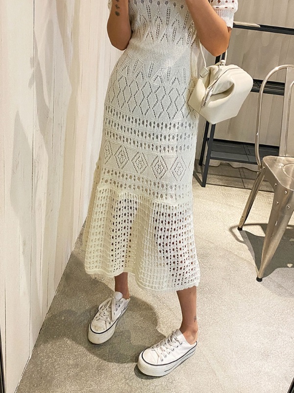 ニットラウンドネックパンチングスリムロング半袖ワンピーススリップ付 | 詳細画像4