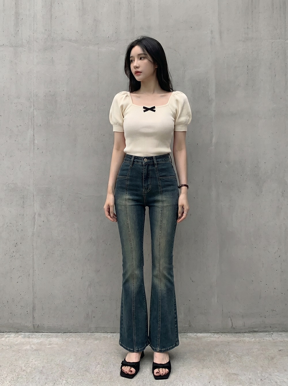 リボン(固定)スクエアネックベーシックパフスリーブ半袖ニット | 詳細画像2