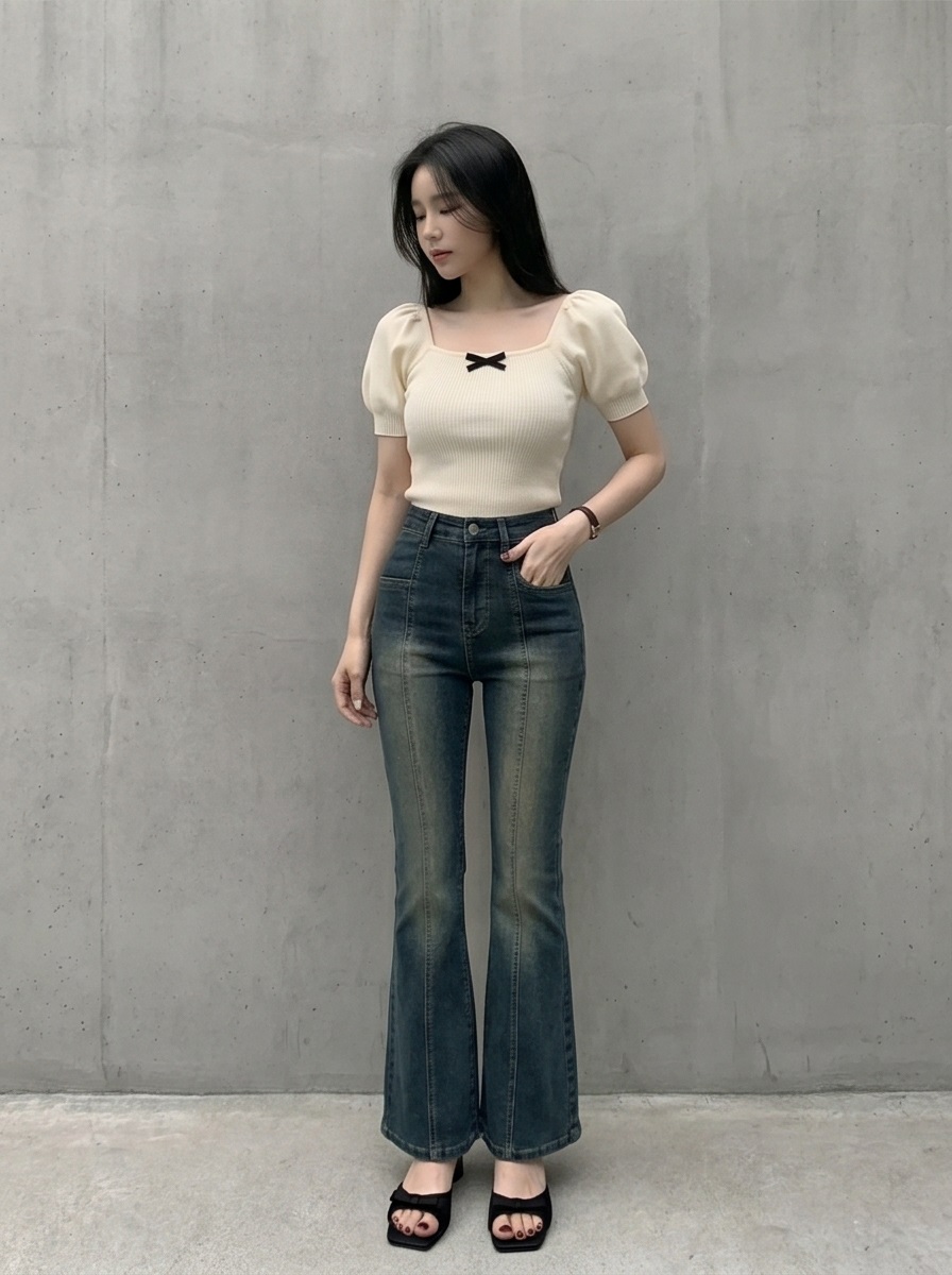 リボン(固定)スクエアネックベーシックパフスリーブ半袖ニット | 詳細画像4