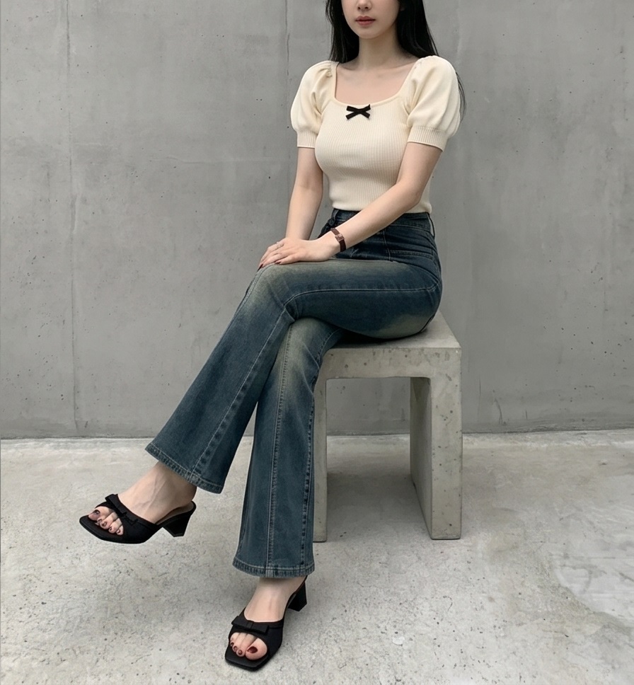 リボン(固定)スクエアネックベーシックパフスリーブ半袖ニット | 詳細画像5