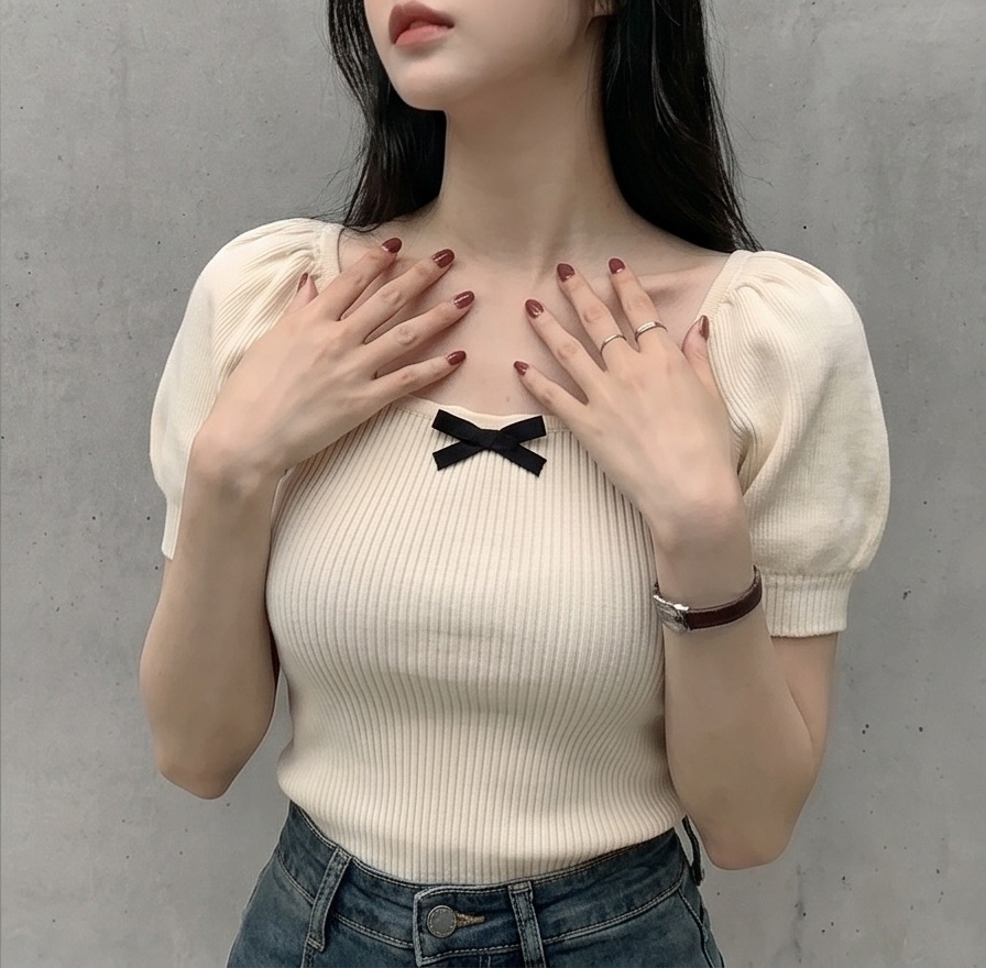 リボン(固定)スクエアネックベーシックパフスリーブ半袖ニット | 詳細画像7