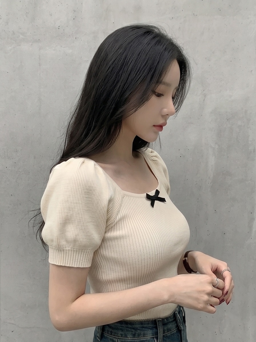 リボン(固定)スクエアネックベーシックパフスリーブ半袖ニット | 詳細画像8