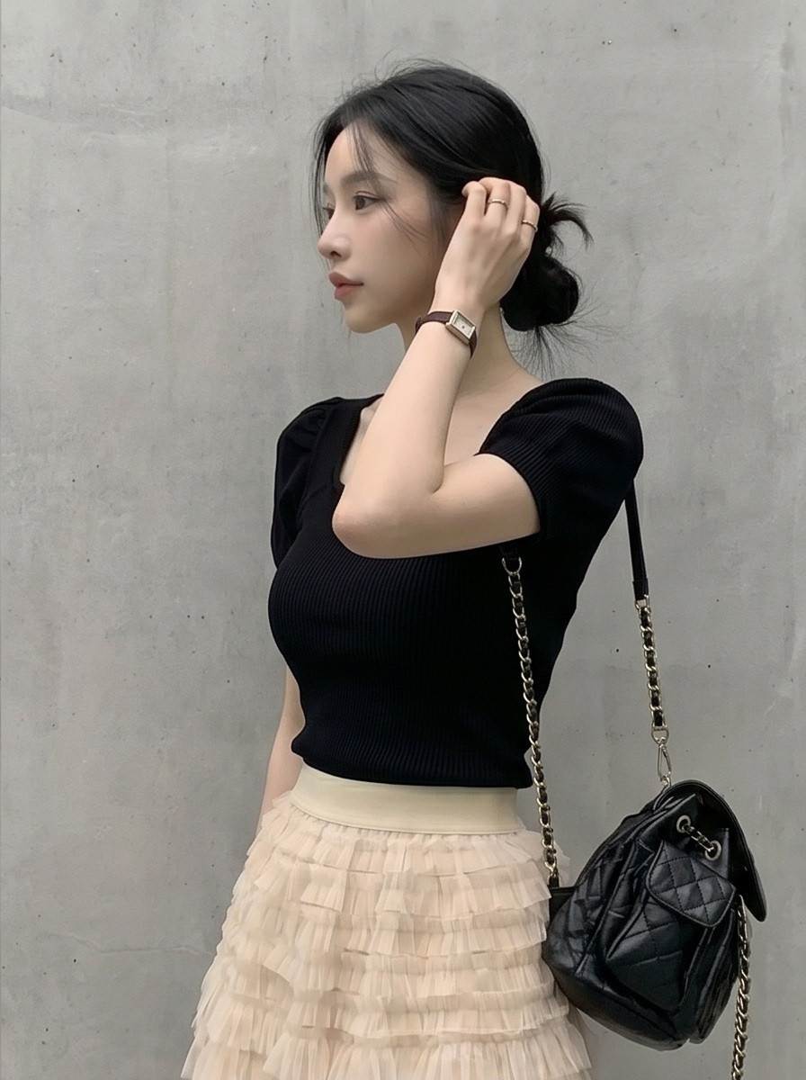 リボン(固定)スクエアネックベーシックパフスリーブ半袖ニット | 詳細画像12