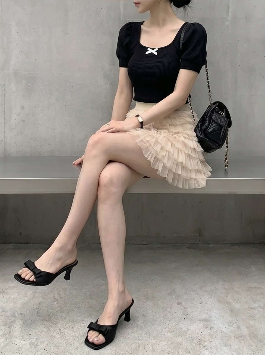 リボン(固定)スクエアネックベーシックパフスリーブ半袖ニット | 詳細画像13