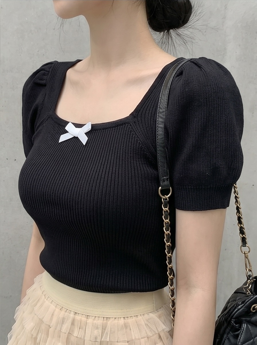 リボン(固定)スクエアネックベーシックパフスリーブ半袖ニット | 詳細画像17