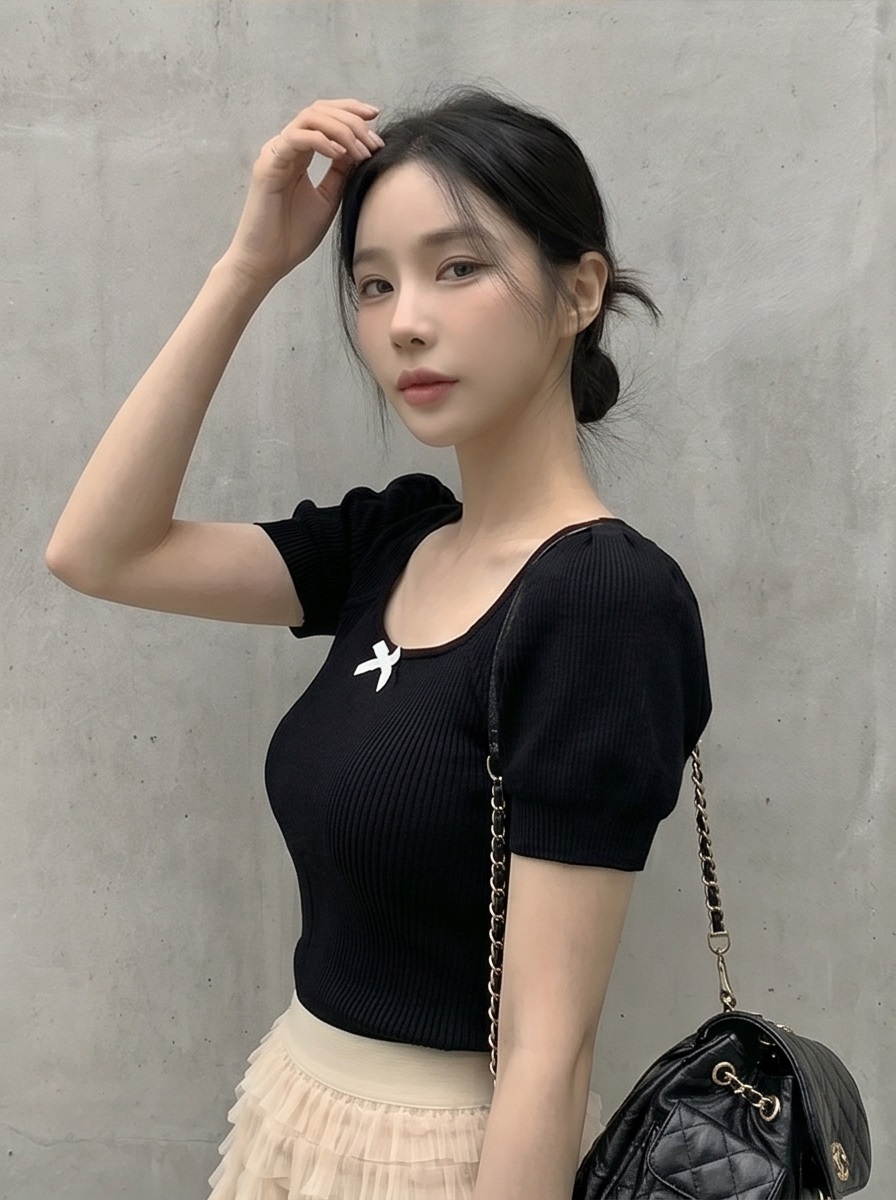 リボン(固定)スクエアネックベーシックパフスリーブ半袖ニット | 詳細画像20