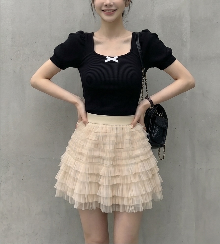 リボン(固定)スクエアネックベーシックパフスリーブ半袖ニット | 詳細画像21