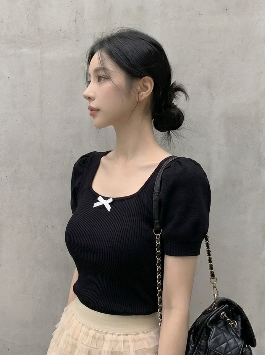 リボン(固定)スクエアネックベーシックパフスリーブ半袖ニット