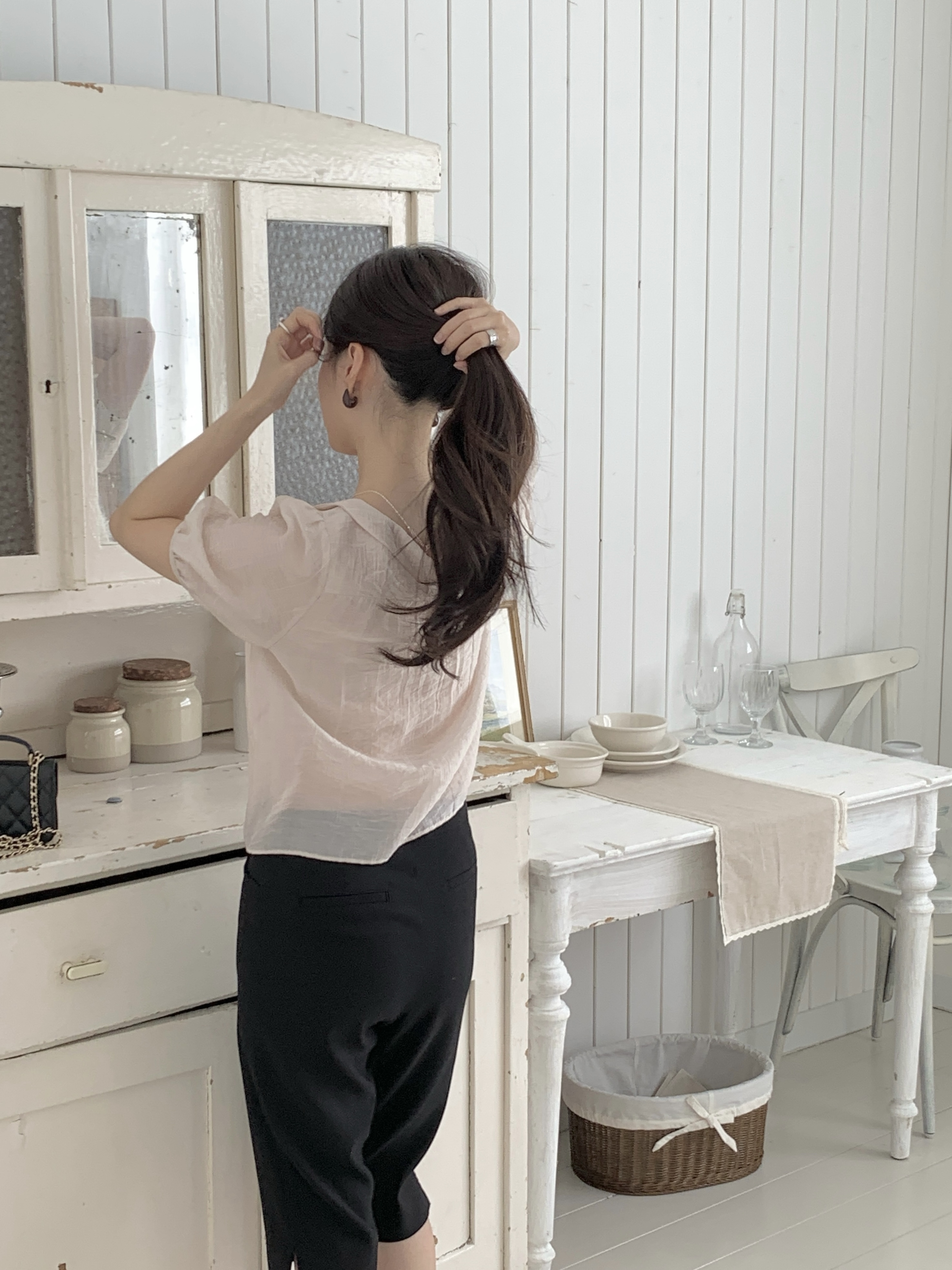 シフォンシースルーボウタイベーシック半袖ブラウス | 詳細画像3