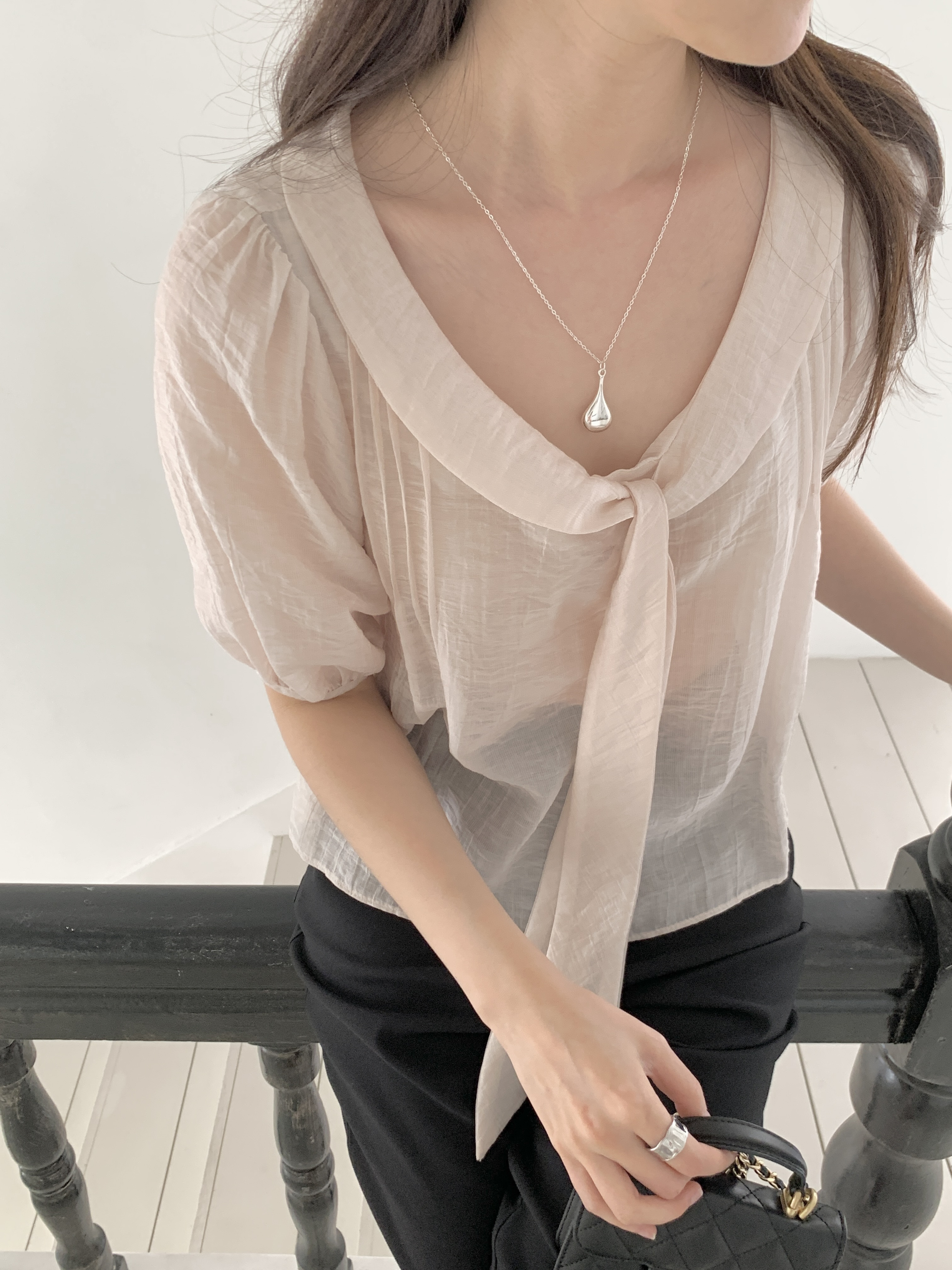 シフォンシースルーボウタイベーシック半袖ブラウス | 詳細画像10