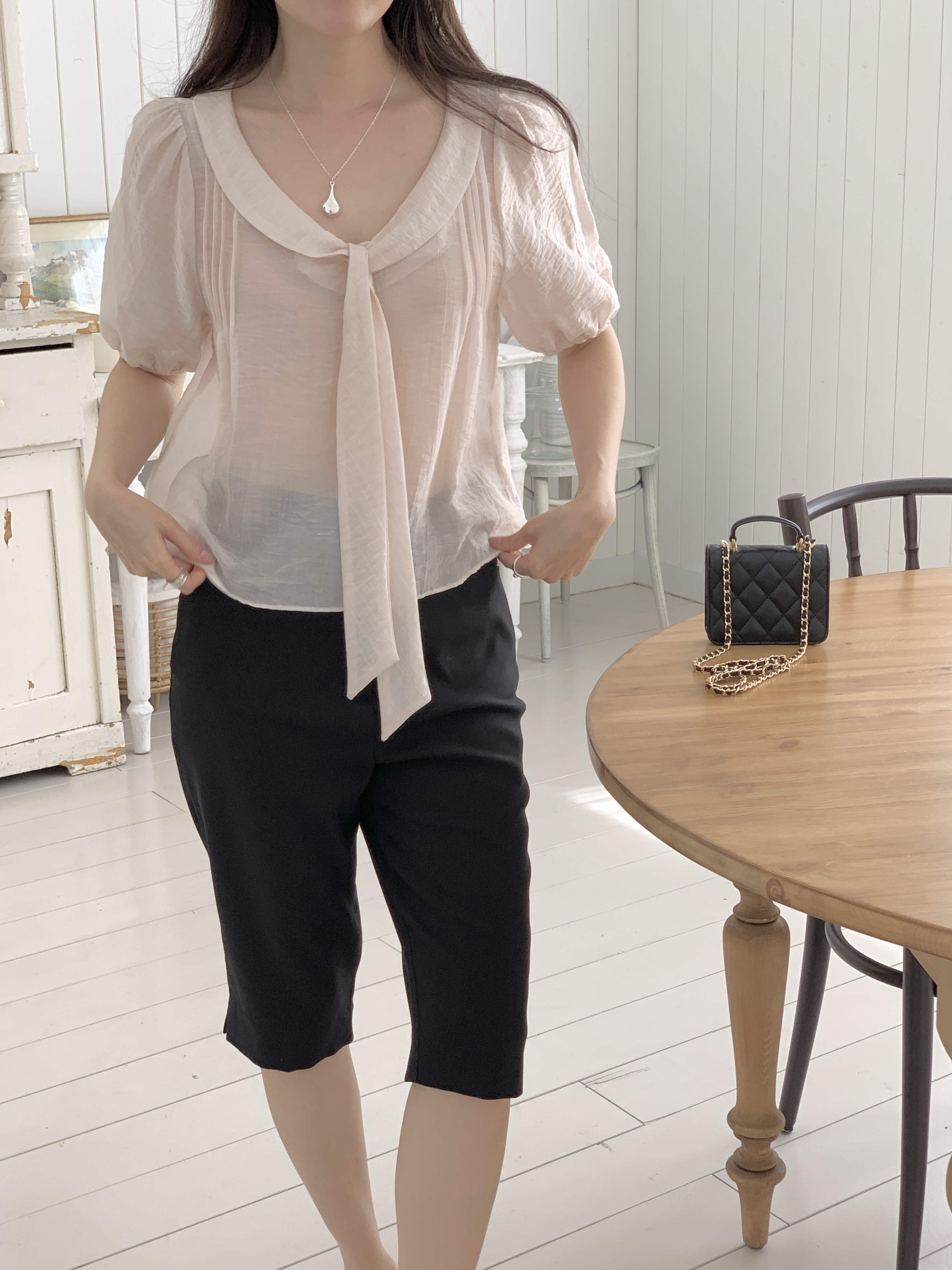 シフォンシースルーボウタイベーシック半袖ブラウス | 詳細画像11