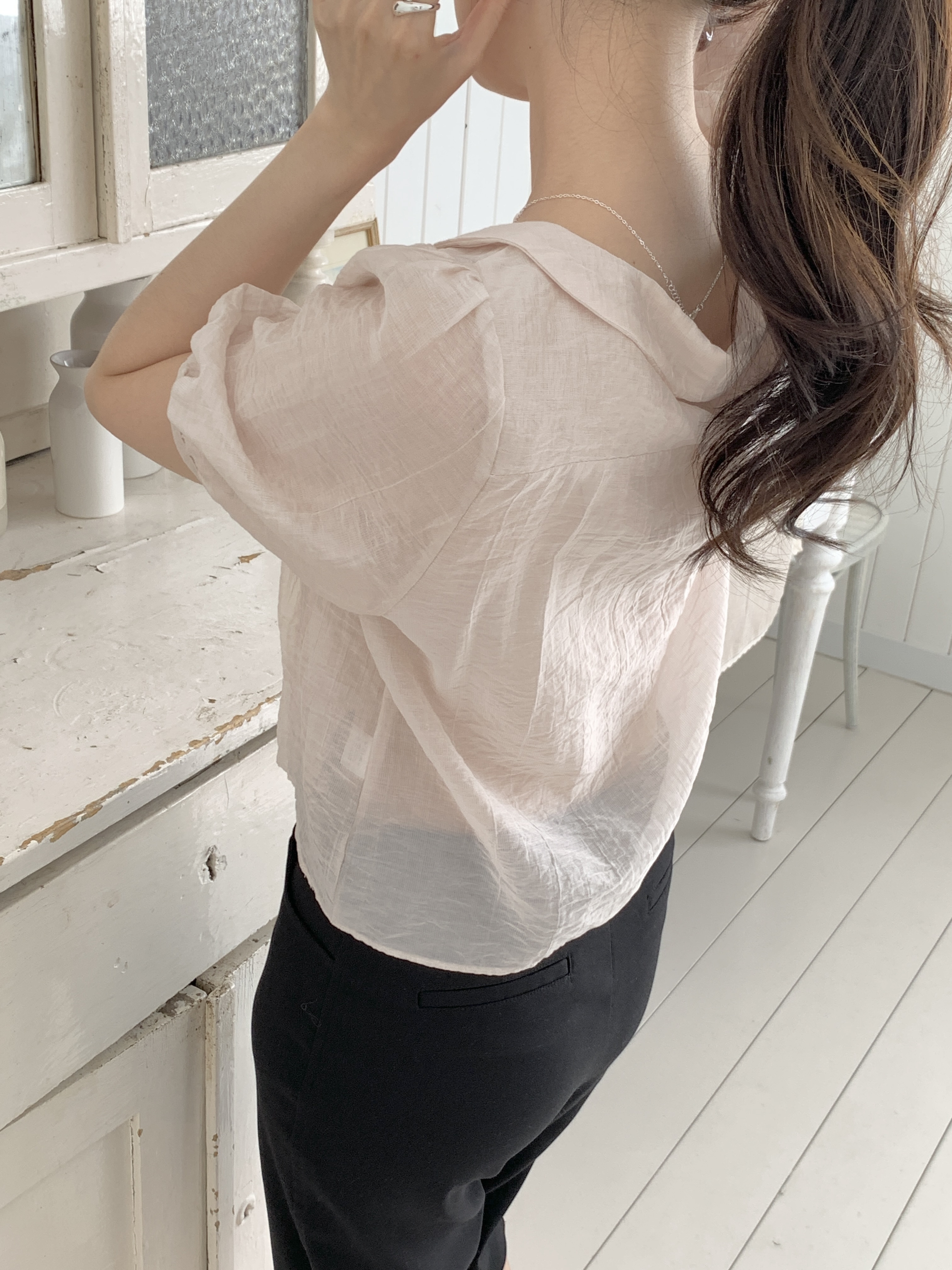 シフォンシースルーボウタイベーシック半袖ブラウス | 詳細画像13