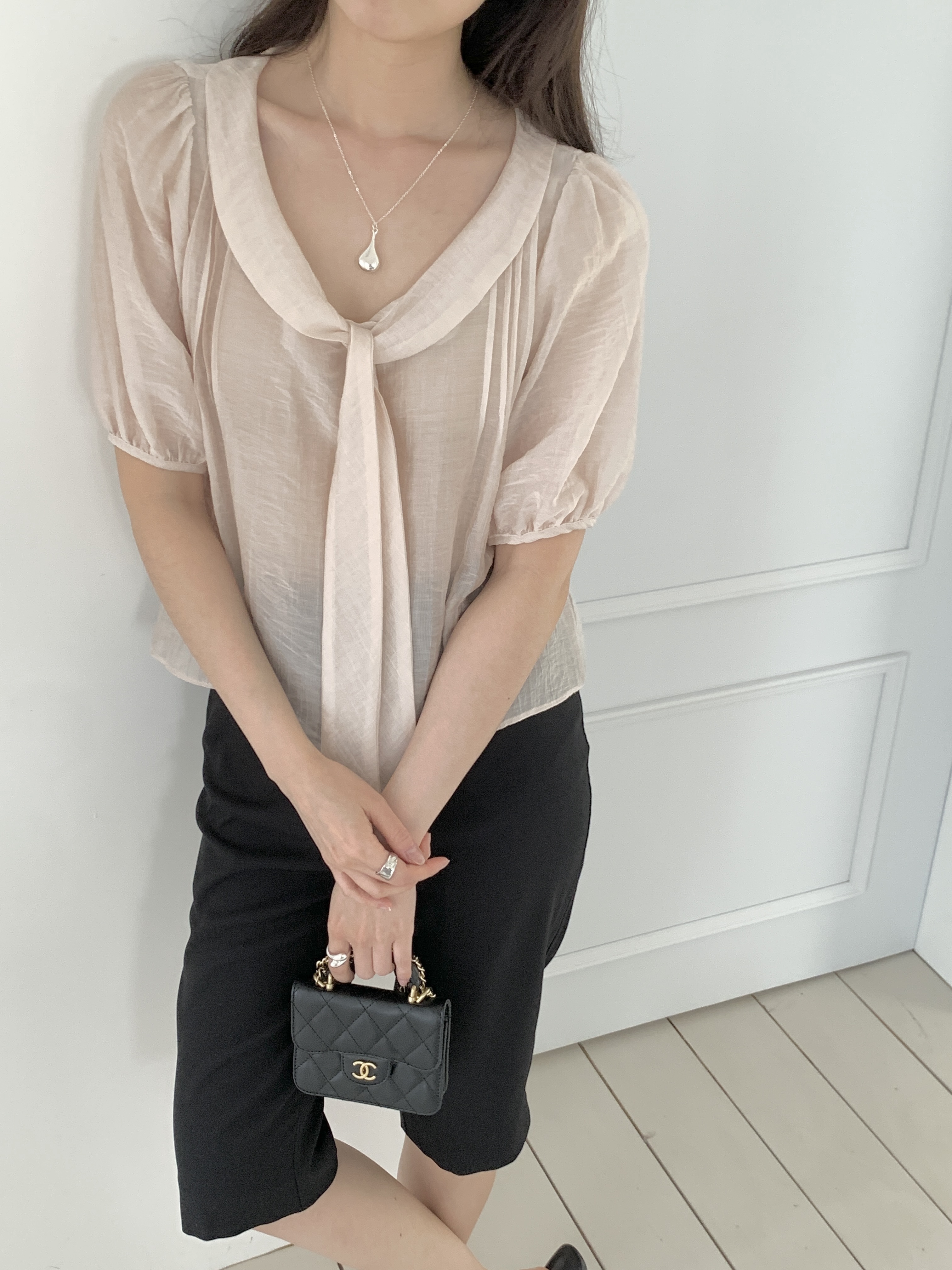 シフォンシースルーボウタイベーシック半袖ブラウス | 詳細画像18