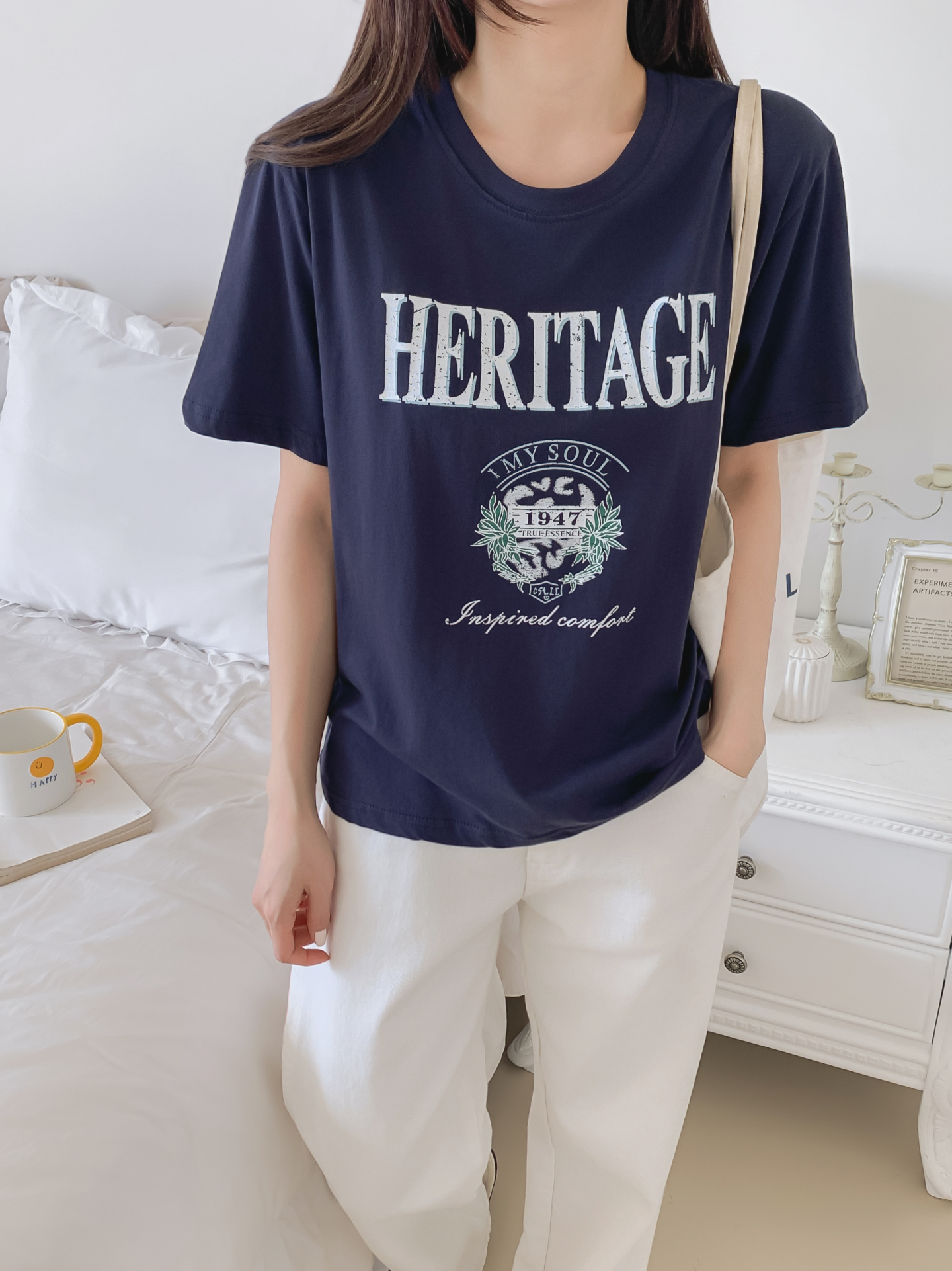 コットンラウンドネックベーシックルーズ半袖ロゴTシャツ | 詳細画像17