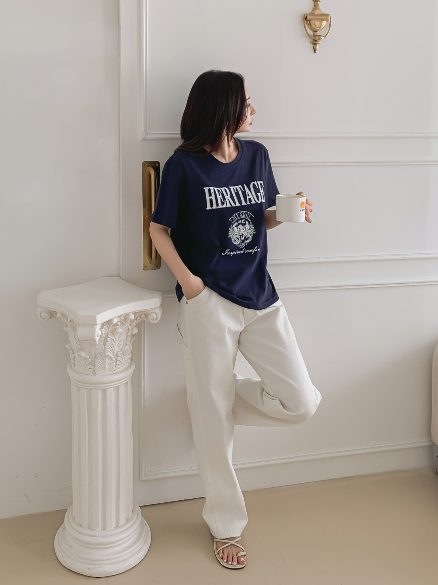 コットンラウンドネックベーシックルーズ半袖ロゴTシャツ | 詳細画像27