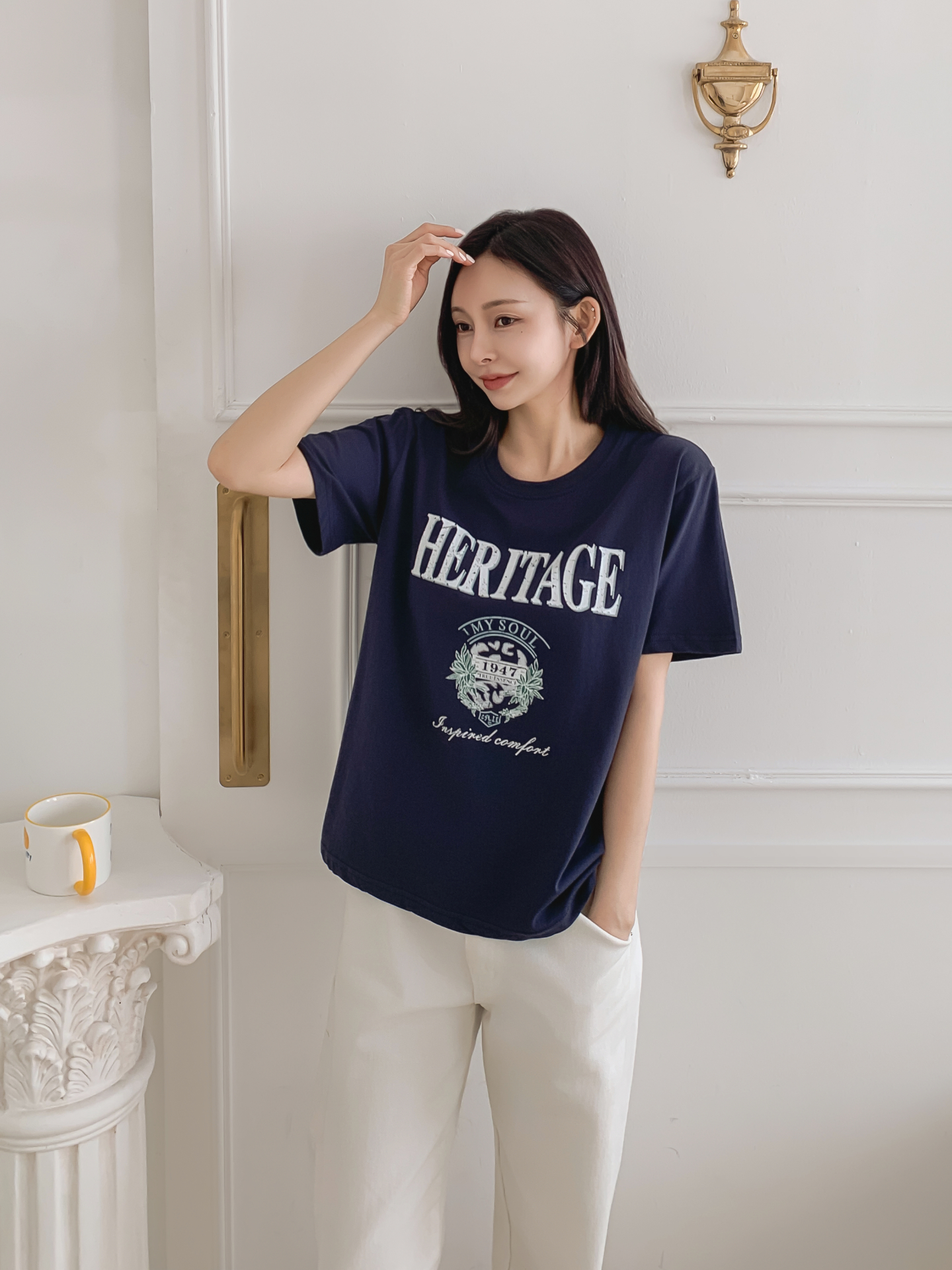 コットンラウンドネックベーシックルーズ半袖ロゴTシャツ | 詳細画像29