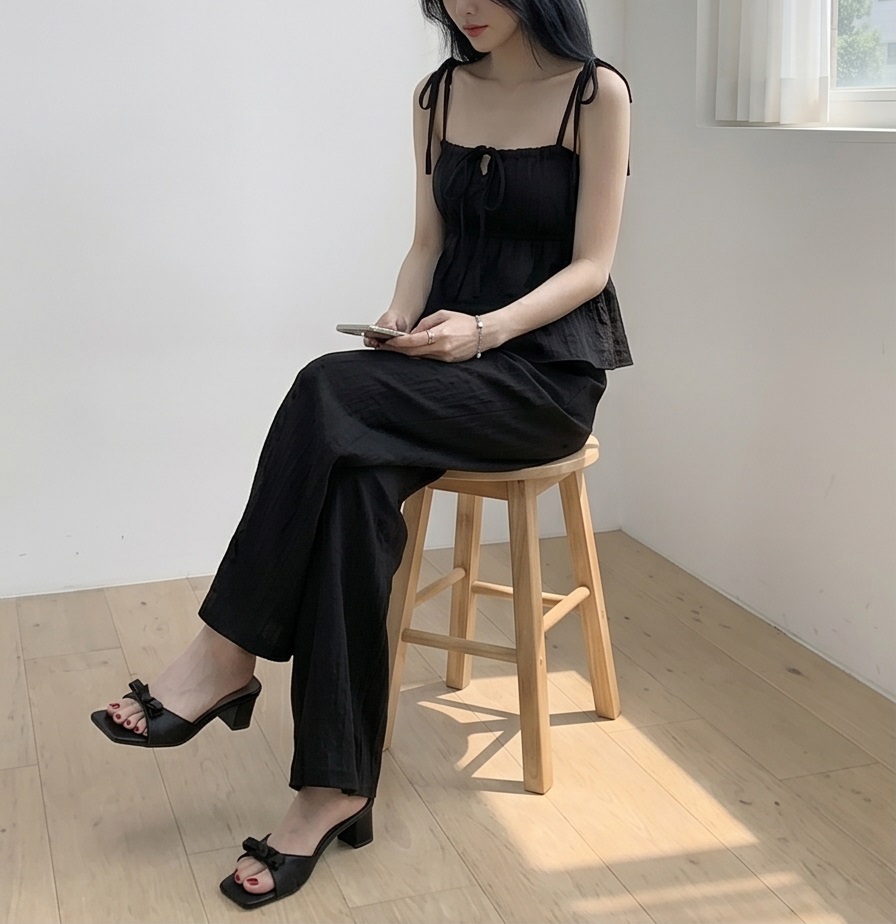 ストラップポケットウエストゴムギャザーフレアワイドリボンドット無地セットアップ2TYPE | 詳細画像2