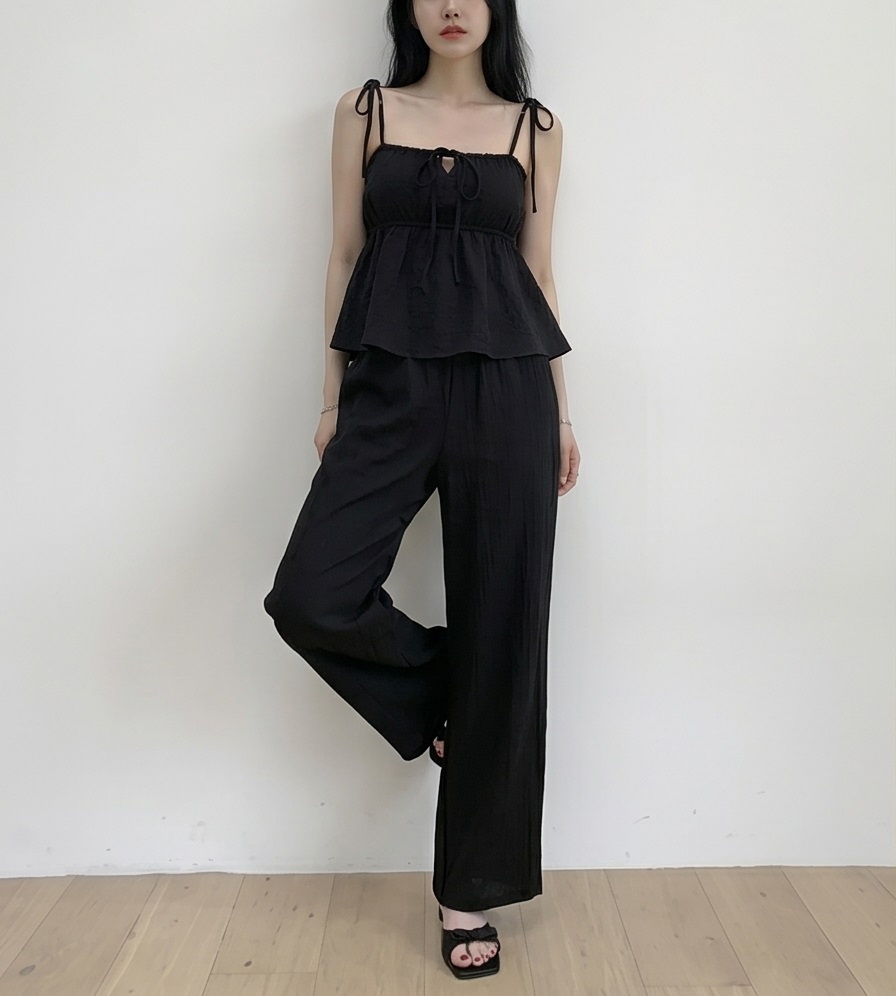 ストラップポケットウエストゴムギャザーフレアワイドリボンドット無地セットアップ2TYPE | 詳細画像3