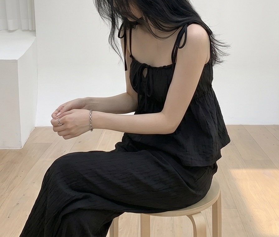 ストラップポケットウエストゴムギャザーフレアワイドリボンドット無地セットアップ2TYPE | 詳細画像4