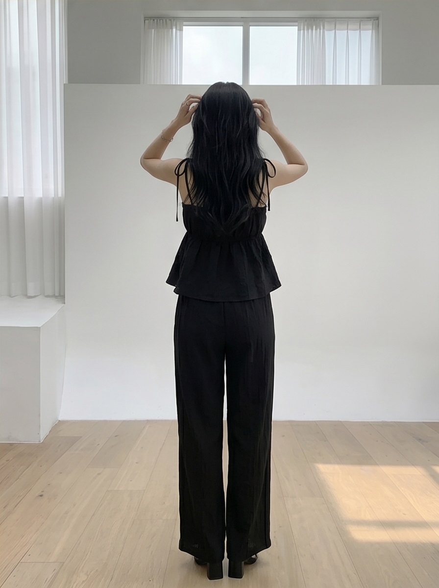 ストラップポケットウエストゴムギャザーフレアワイドリボンドット無地セットアップ2TYPE | 詳細画像5