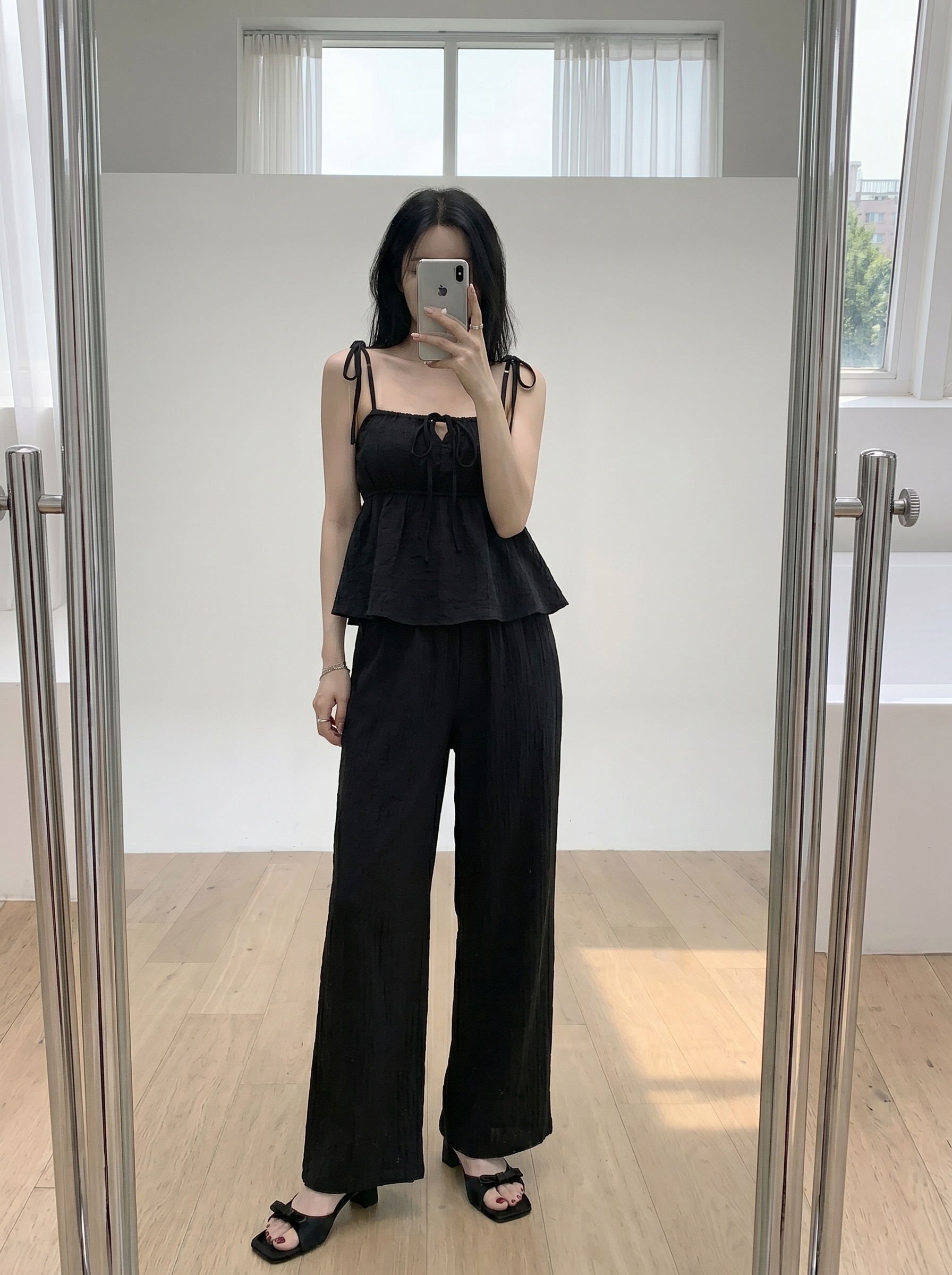 ストラップポケットウエストゴムギャザーフレアワイドリボンドット無地セットアップ2TYPE | 詳細画像8