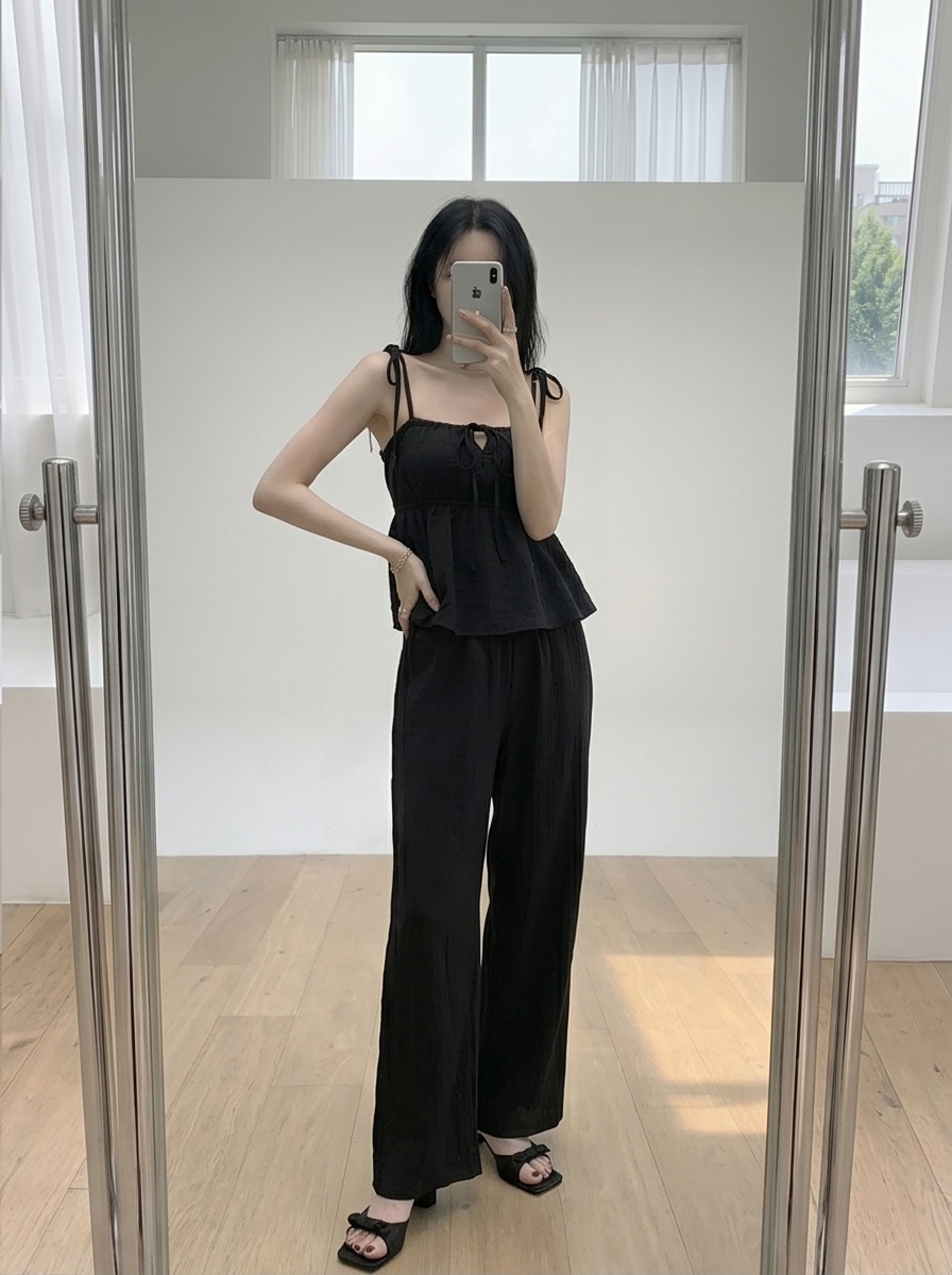 ストラップポケットウエストゴムギャザーフレアワイドリボンドット無地セットアップ2TYPE | 詳細画像9