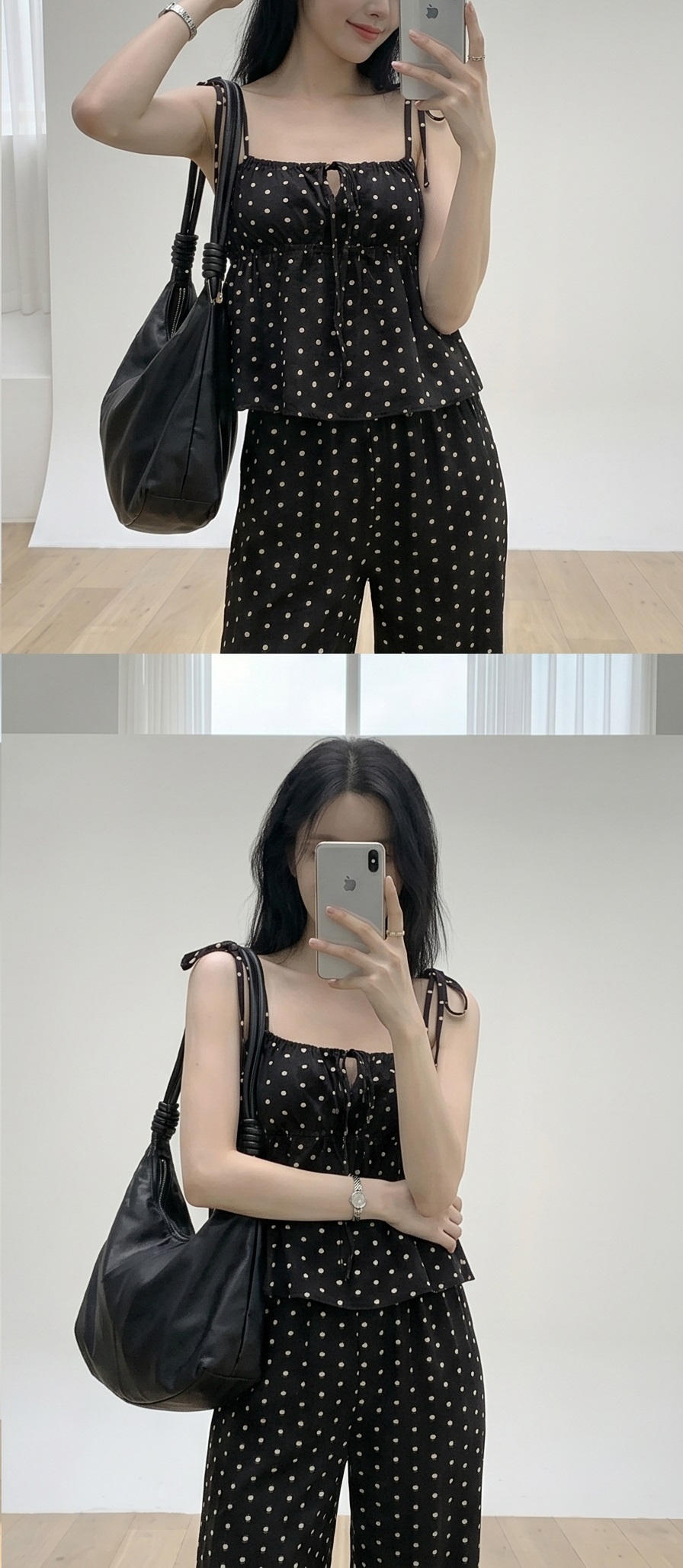 ストラップポケットウエストゴムギャザーフレアワイドリボンドット無地セットアップ2TYPE | 詳細画像10