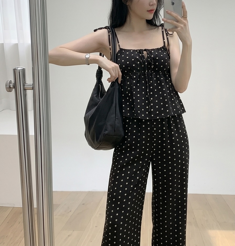 ストラップポケットウエストゴムギャザーフレアワイドリボンドット無地セットアップ2TYPE | 詳細画像11